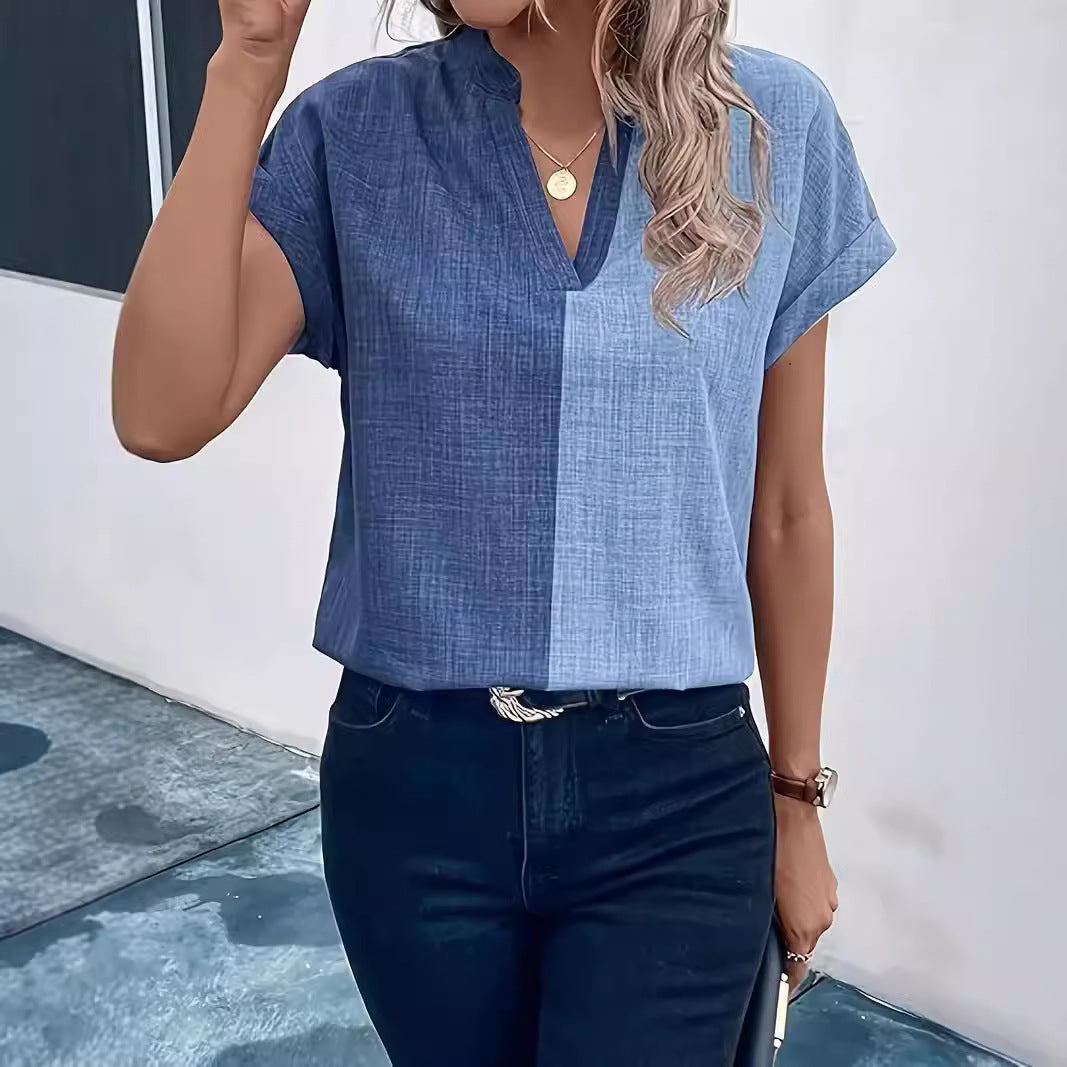 V-neck Short-sleeved T-shirt Slimming Dress Versatile Simple Top Trendy Stand Collar