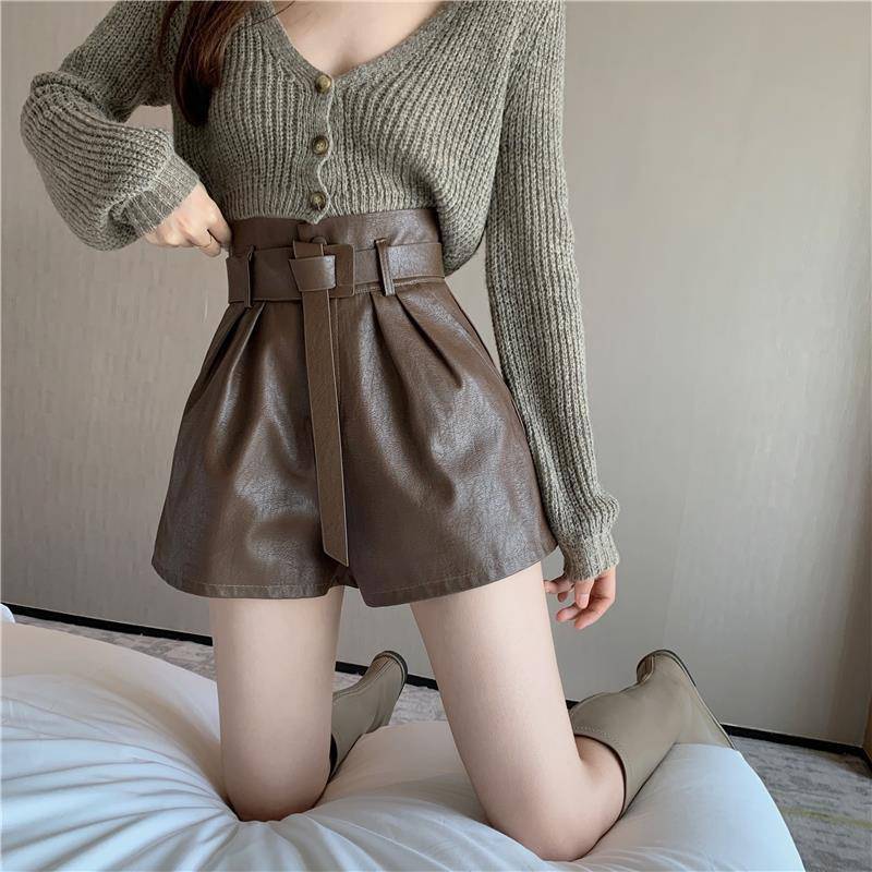 Coffee Color Leather Shorts Women's Autumn And Winter Outer Wear