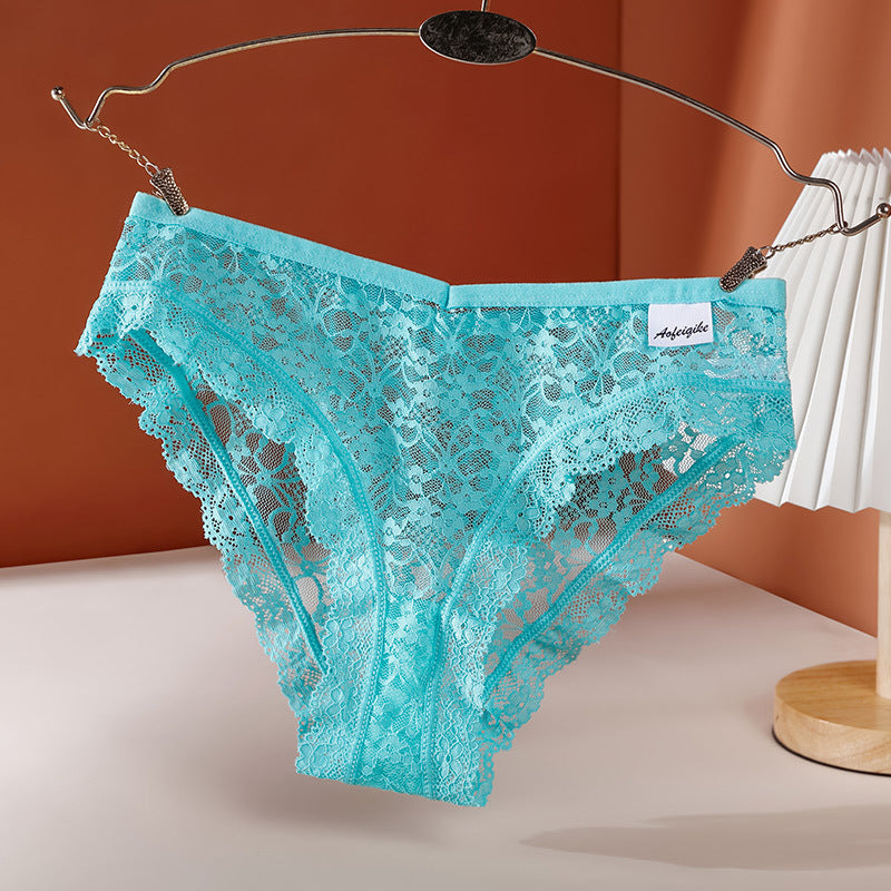 Women's Lace Panties Pure Desire Mid-waist Breathable Traceless Sexy Hollow Mesh Cotton Crotch Briefs