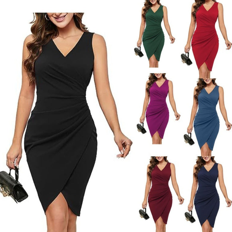 Women's Sexy V-neck Sleeveless Artificial Wrap Pleated Tight Cocktail Party Work