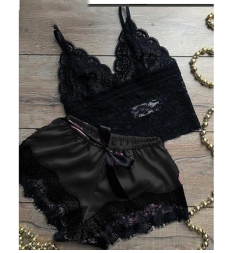 Simulation Silk Sling Princess Pajamas Sexy Two-piece Underwear
