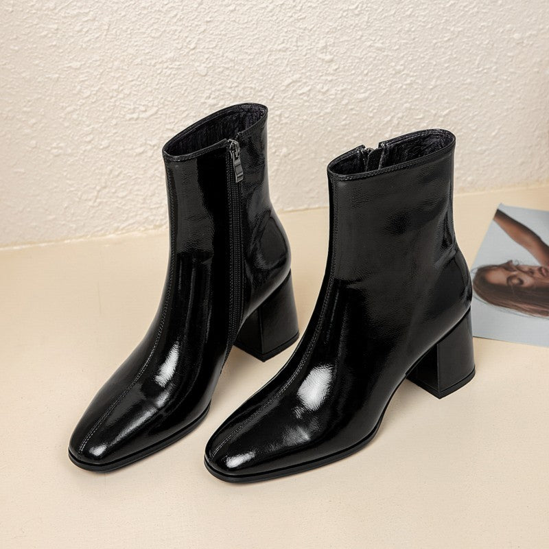 Side Zipper High Heel Patent Leather Martin Boots Square Toe Retro Boots Children