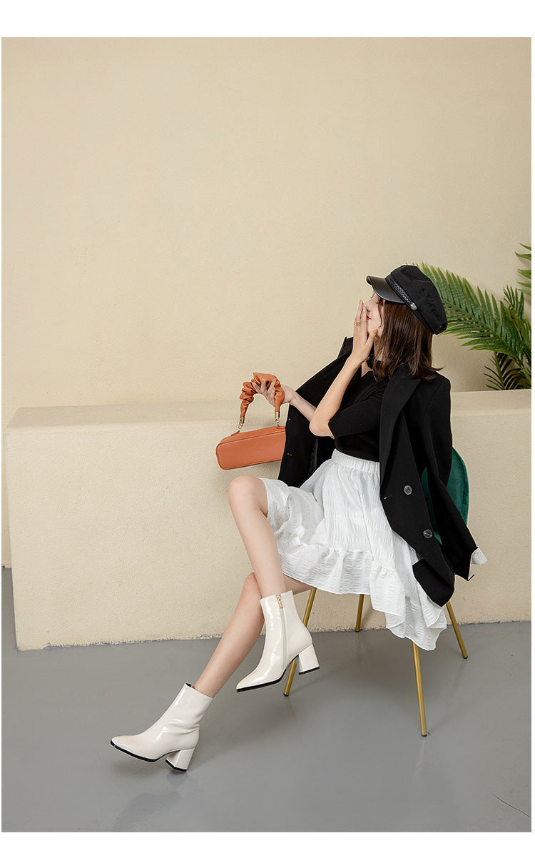 Side Zipper High Heel Patent Leather Martin Boots Square Toe Retro Boots Children