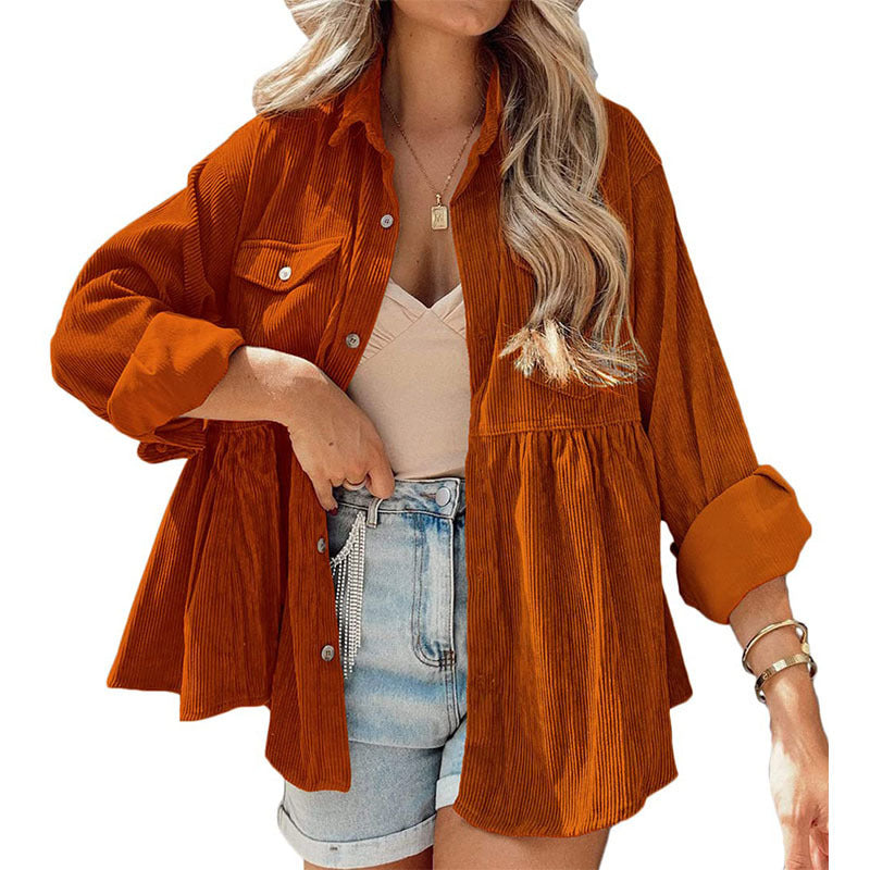 Fashion Corduroy Ruffled Shirt Top For Women