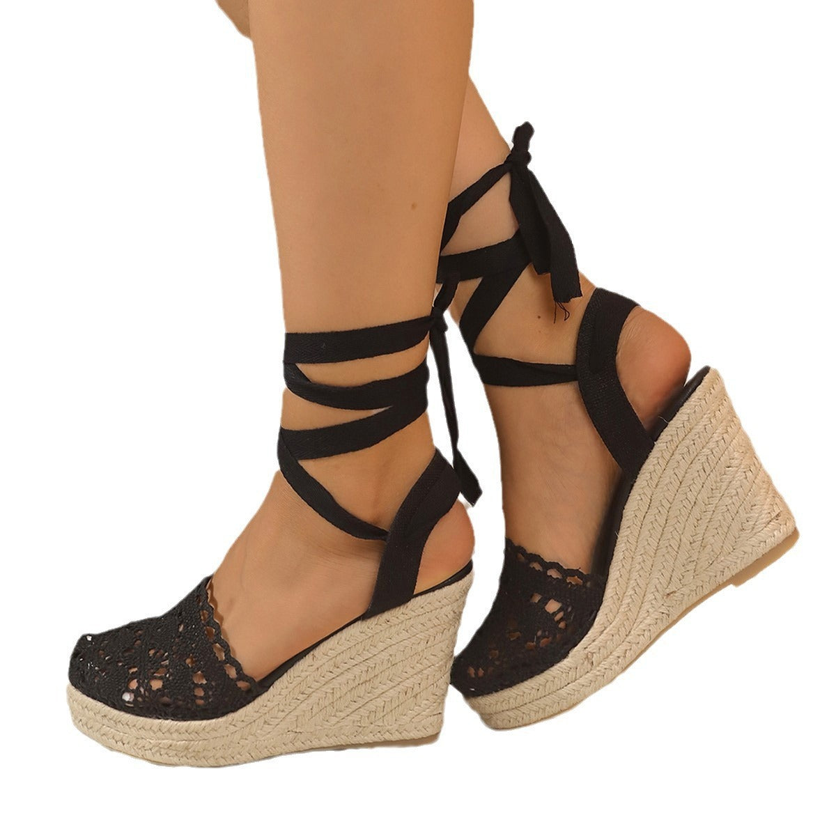 Women's Straw Woven Wedge High Heels Lace Lace-up Sandals