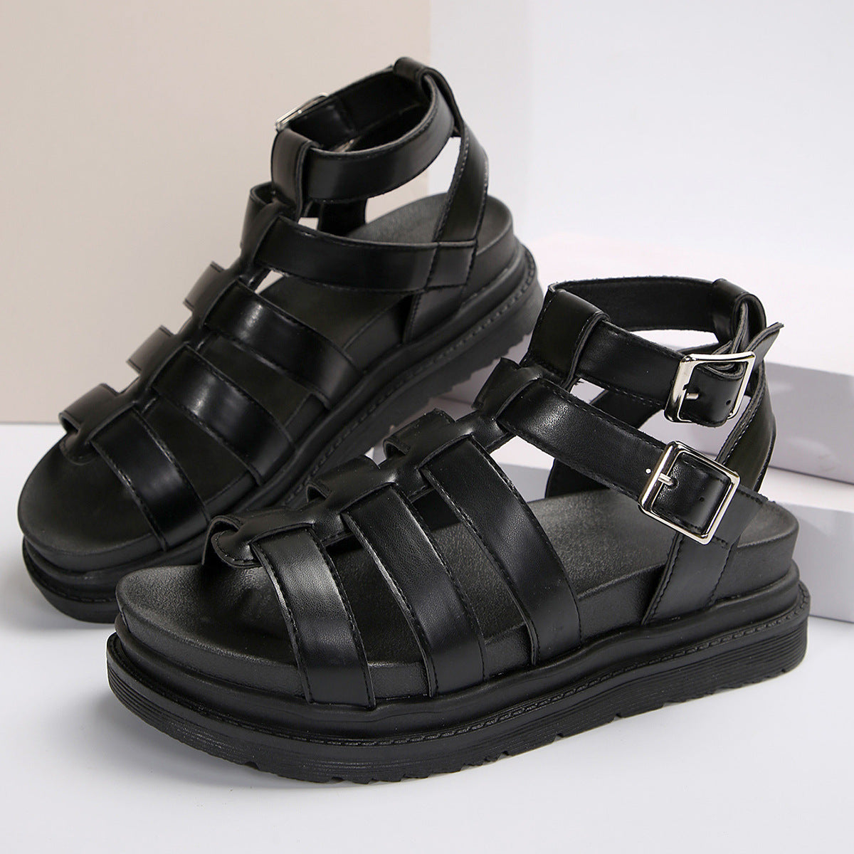 Hollow-out Belt Buckle Platform Pig Cage Sandals Women's Foreign Trade Roman Shoes