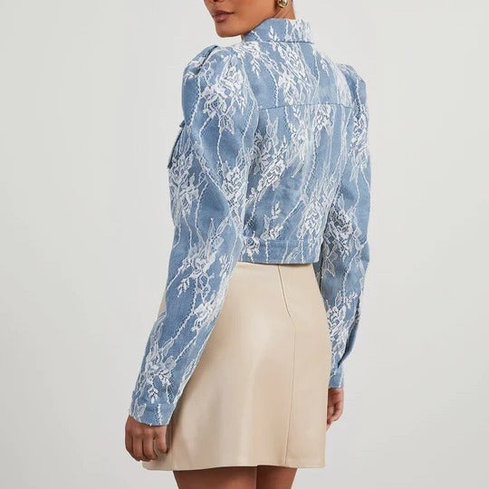 Fashion Casual Loose Floral Lace Denim Jacket