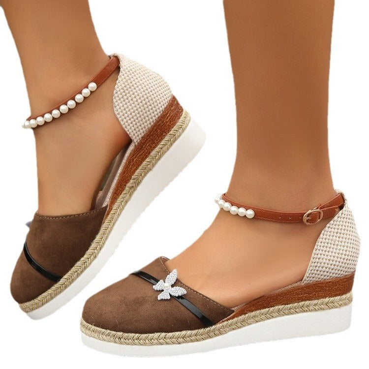 Women's Wedge Bow Sandals Straw Rope Woven