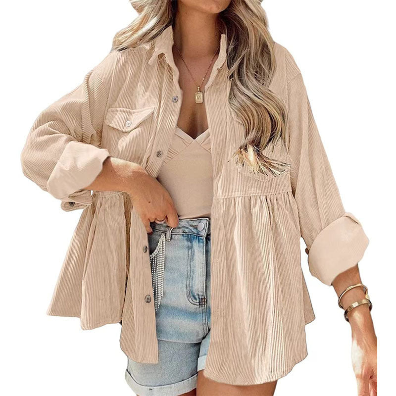 Fashion Corduroy Ruffled Shirt Top For Women