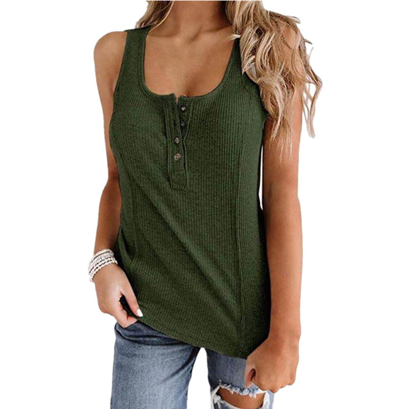 European And American New Hot Sale Solid Color Buttons Sleeveless Vest T-shirt Women's Clothing