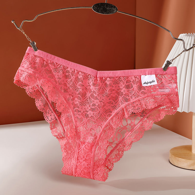 Women's Lace Panties Pure Desire Mid-waist Breathable Traceless Sexy Hollow Mesh Cotton Crotch Briefs