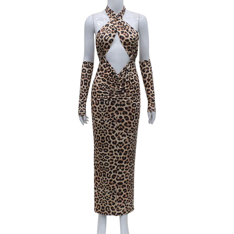 European And American Sexy Leopard Print Cross Hollow Out Strap Backless High Waist Dress