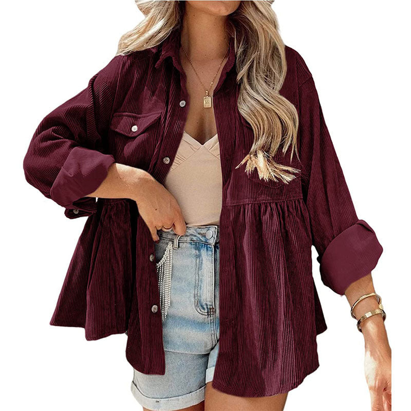 Fashion Corduroy Ruffled Shirt Top For Women