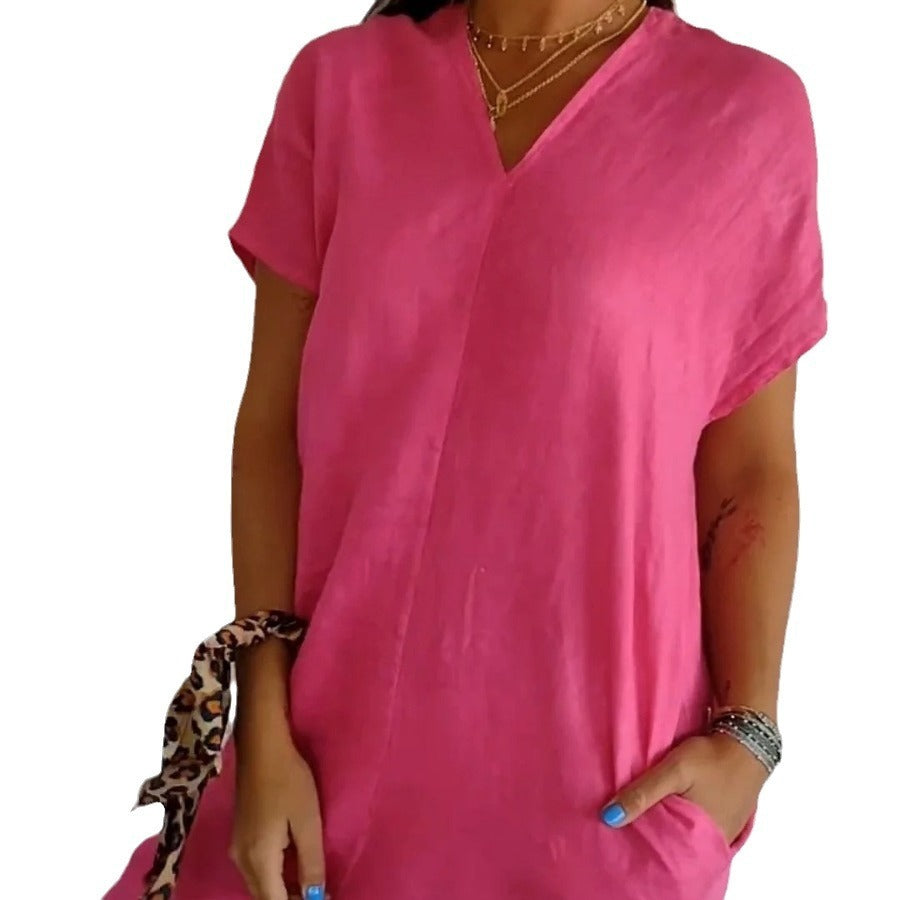 New V-neck Short Sleeve Slit Loose Dress
