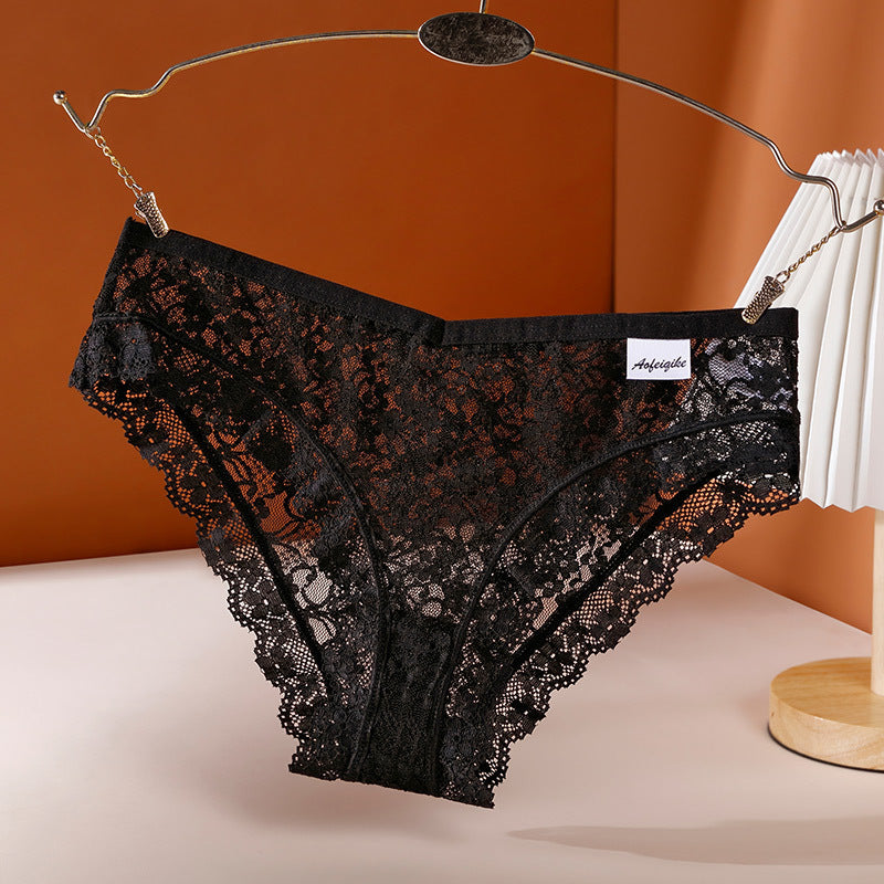 Women's Lace Panties Pure Desire Mid-waist Breathable Traceless Sexy Hollow Mesh Cotton Crotch Briefs