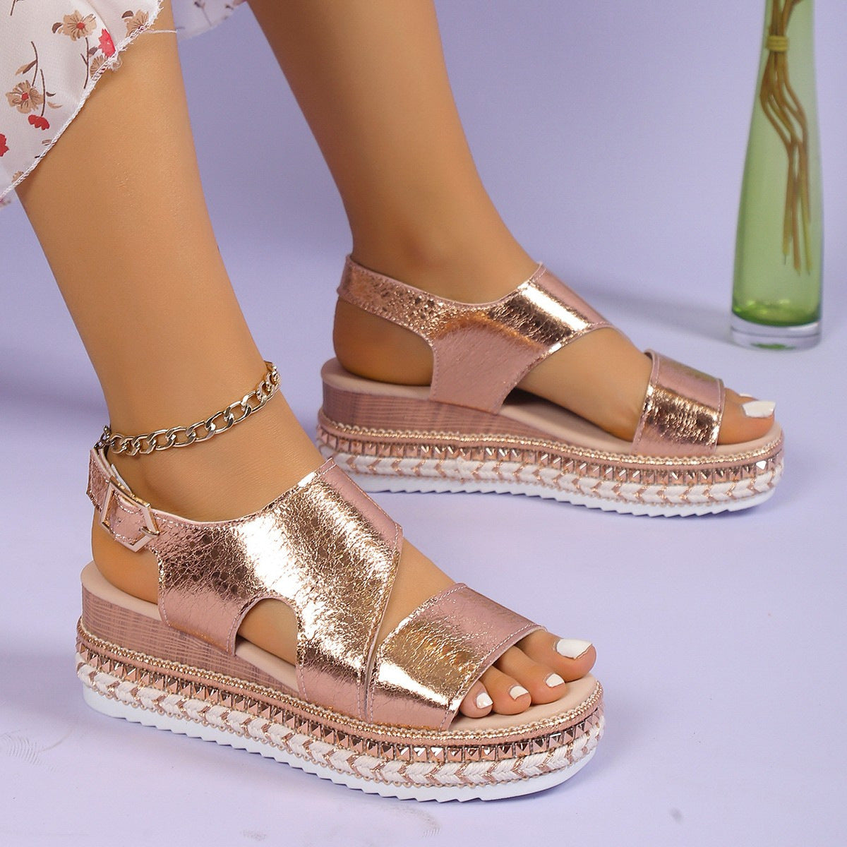 European And American Plus Size Peep Toe Wedge Sandals Round Toe Elastic Band High Heel Sandals Women's Loose High Silver Roman Sandals Women
