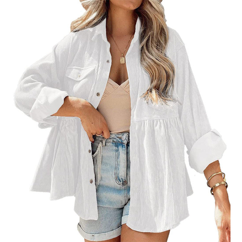Fashion Corduroy Ruffled Shirt Top For Women