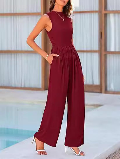 Women's Sleeveless Solid Color Casual Jumpsuit