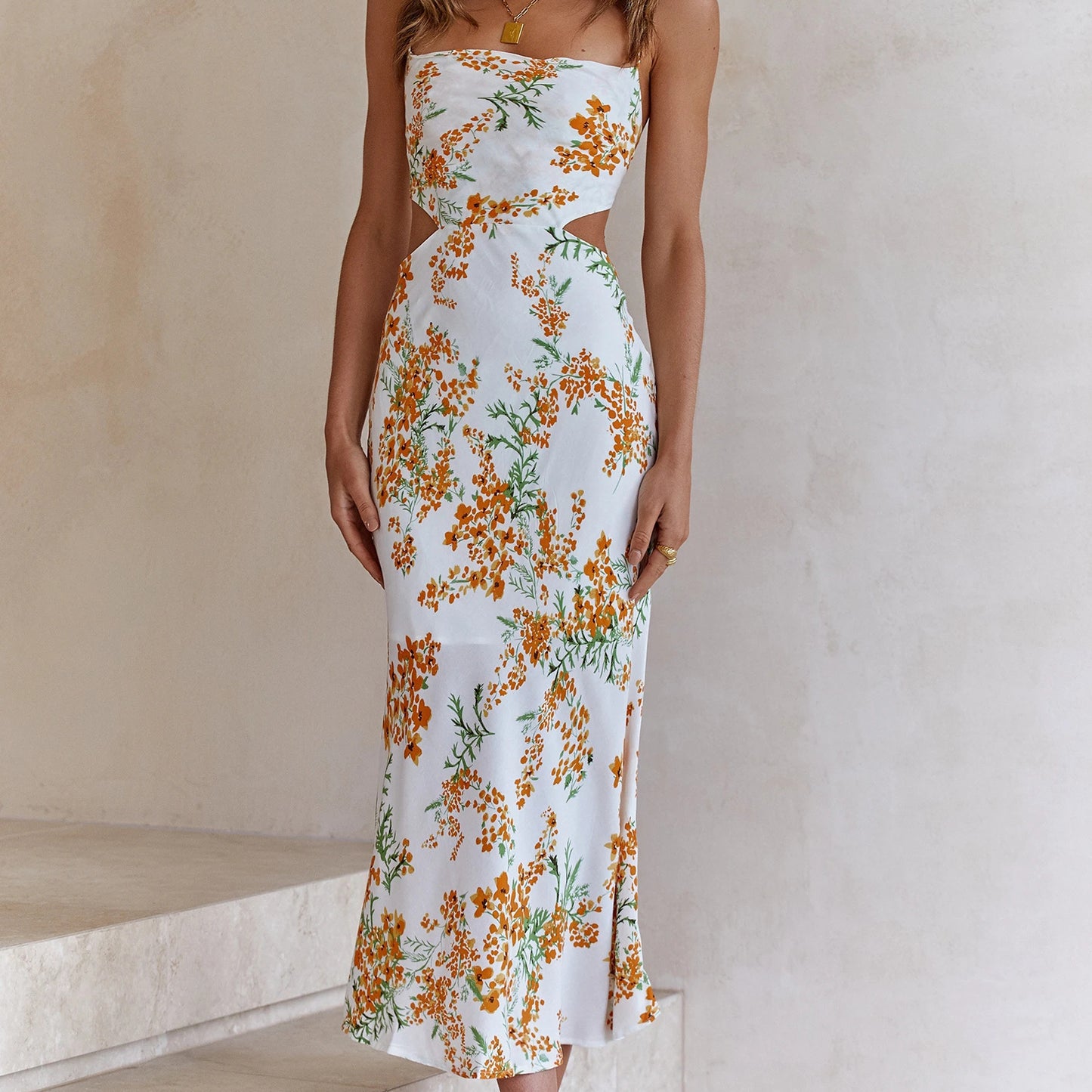New Small Floral Print Backless Lace-up Sweet Spaghetti-strap Dress