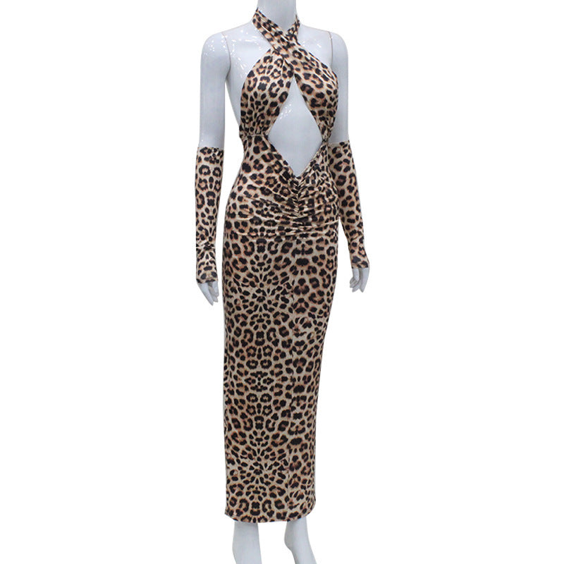 European And American Sexy Leopard Print Cross Hollow Out Strap Backless High Waist Dress