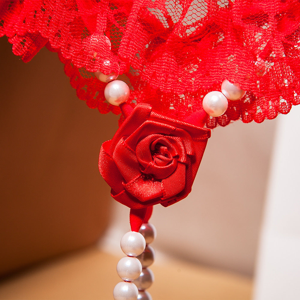 Original Handmade Rose Hot T-back Female Flirting Pearl Seduction Lace Lace Wedding Panties