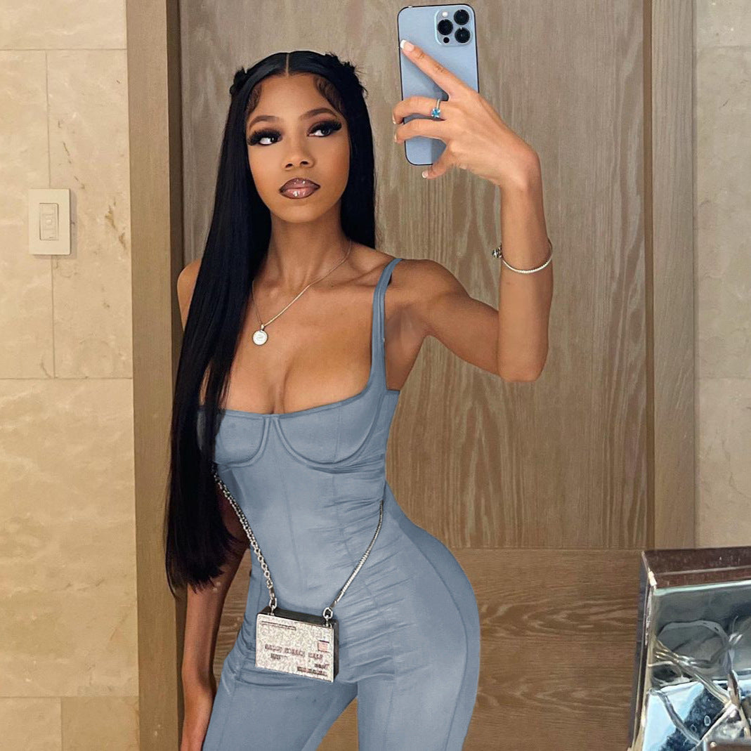 European And American Style Elegant Casual Glossy Jumpsuit For Women