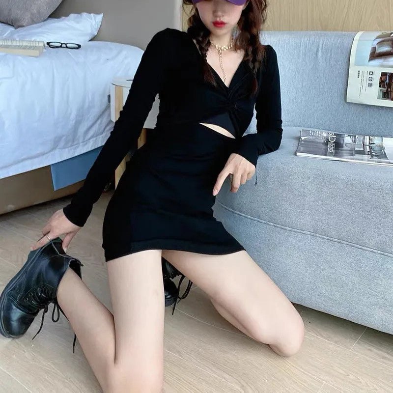 Navel Slimming Hollow Out V-neck Short Sleeve Dress