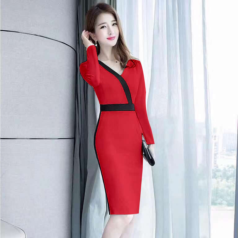 Autumn And Winter Slim Fit V-neck Hip Dress