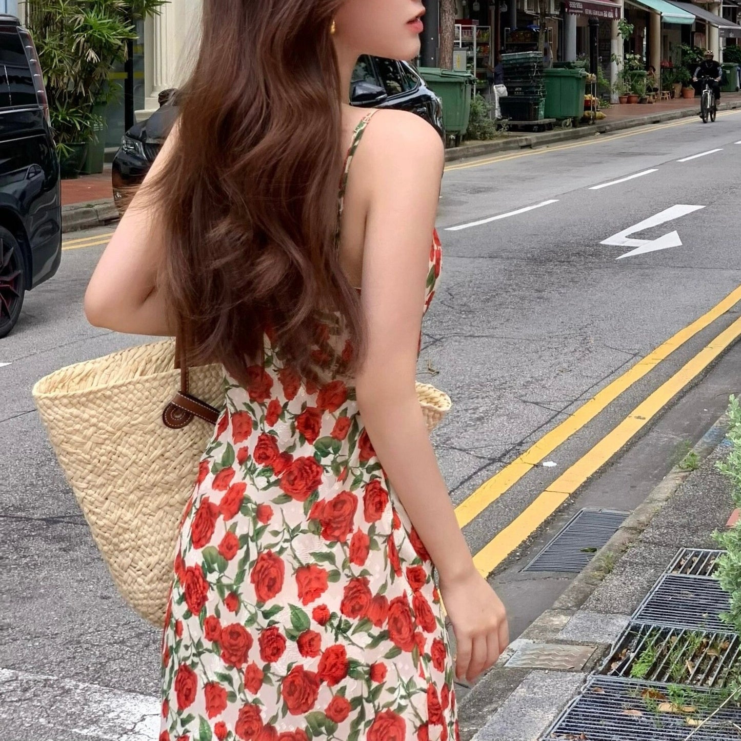 French Retro Rose Floral Strap Beautiful Gentle Slimming Dress