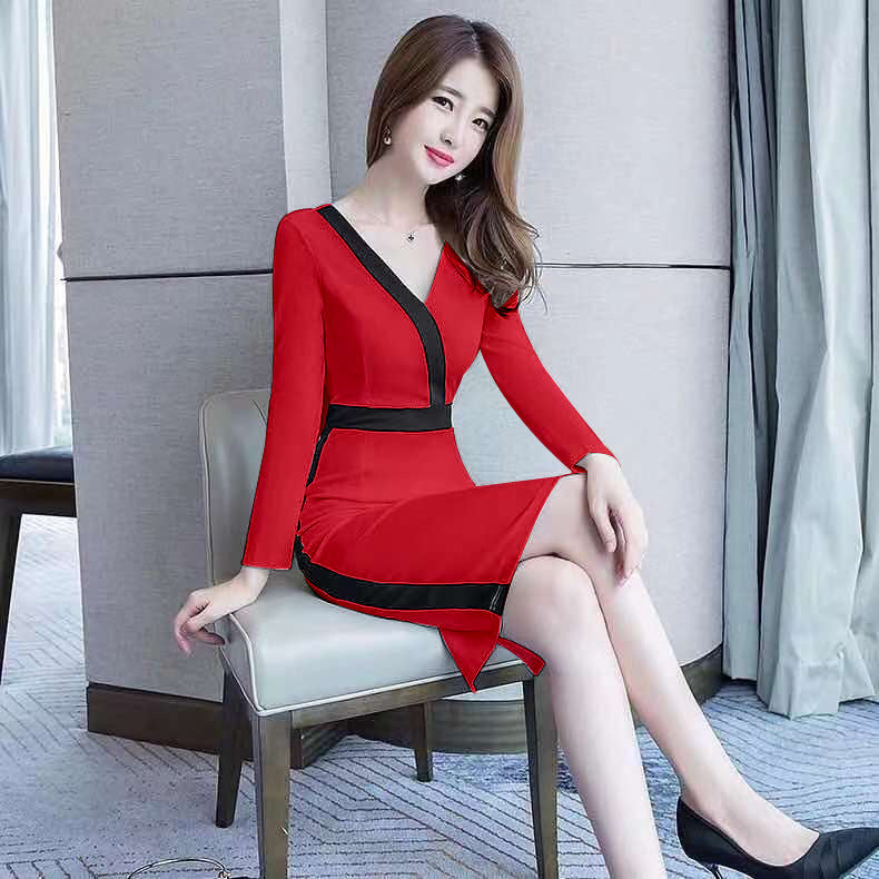 Autumn And Winter Slim Fit V-neck Hip Dress