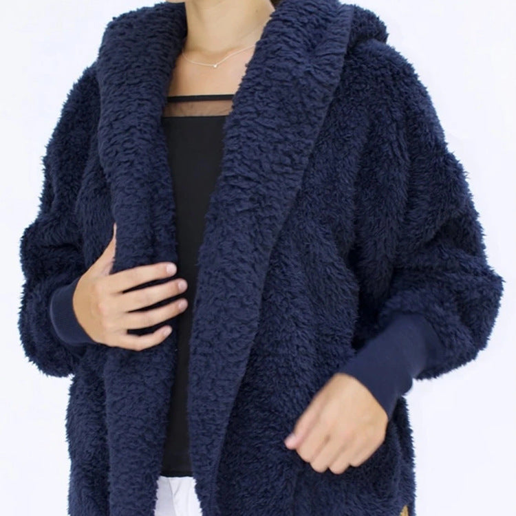 European And American Furry Coat Women's Fall Winter Hooded Pocket Design Cardigan