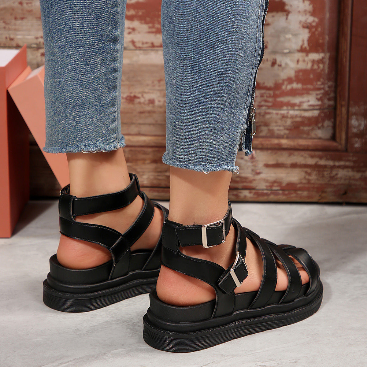 Hollow-out Belt Buckle Platform Pig Cage Sandals Women's Foreign Trade Roman Shoes