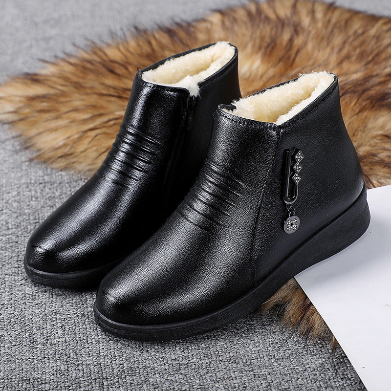 Female Fleece-lined Flat Bottom Middle-aged Cotton-padded Leather Shoes