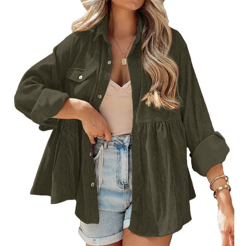 Fashion Corduroy Ruffled Shirt Top For Women