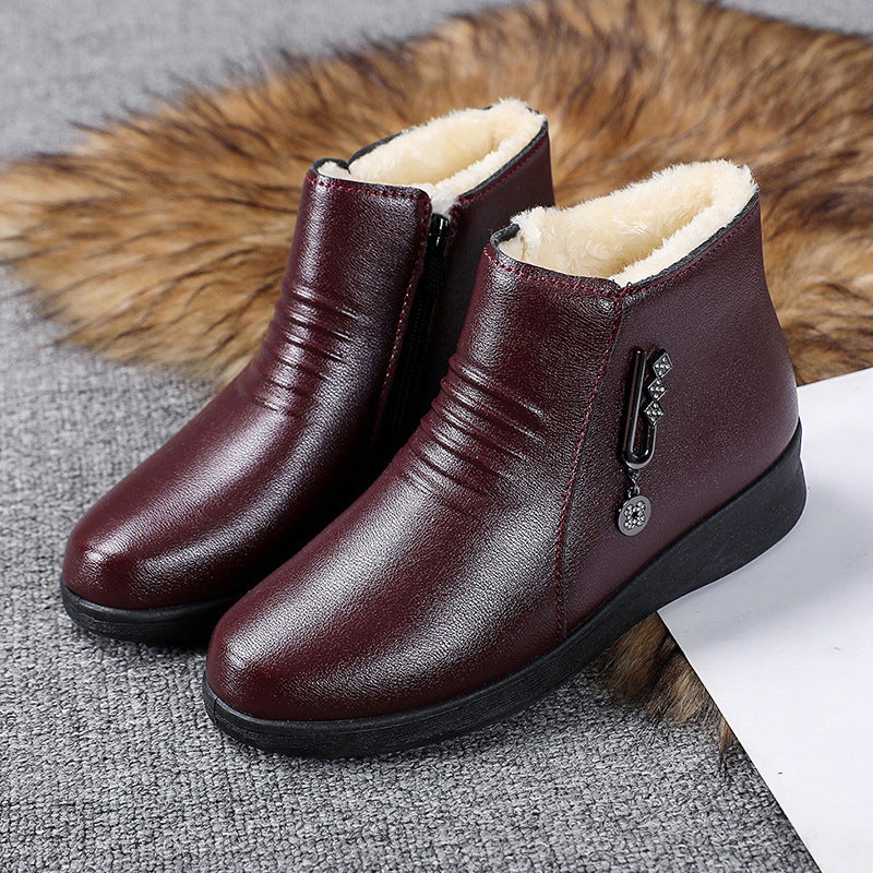 Female Fleece-lined Flat Bottom Middle-aged Cotton-padded Leather Shoes