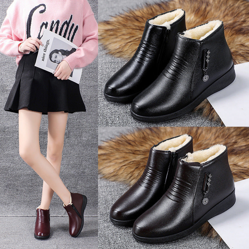 Female Fleece-lined Flat Bottom Middle-aged Cotton-padded Leather Shoes