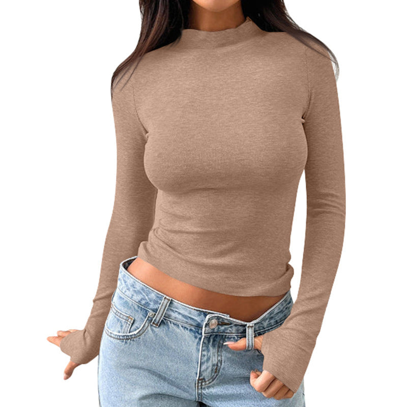 Women's Slim Fit Half-high Collar Long Sleeves Thumb Hole T-shirt