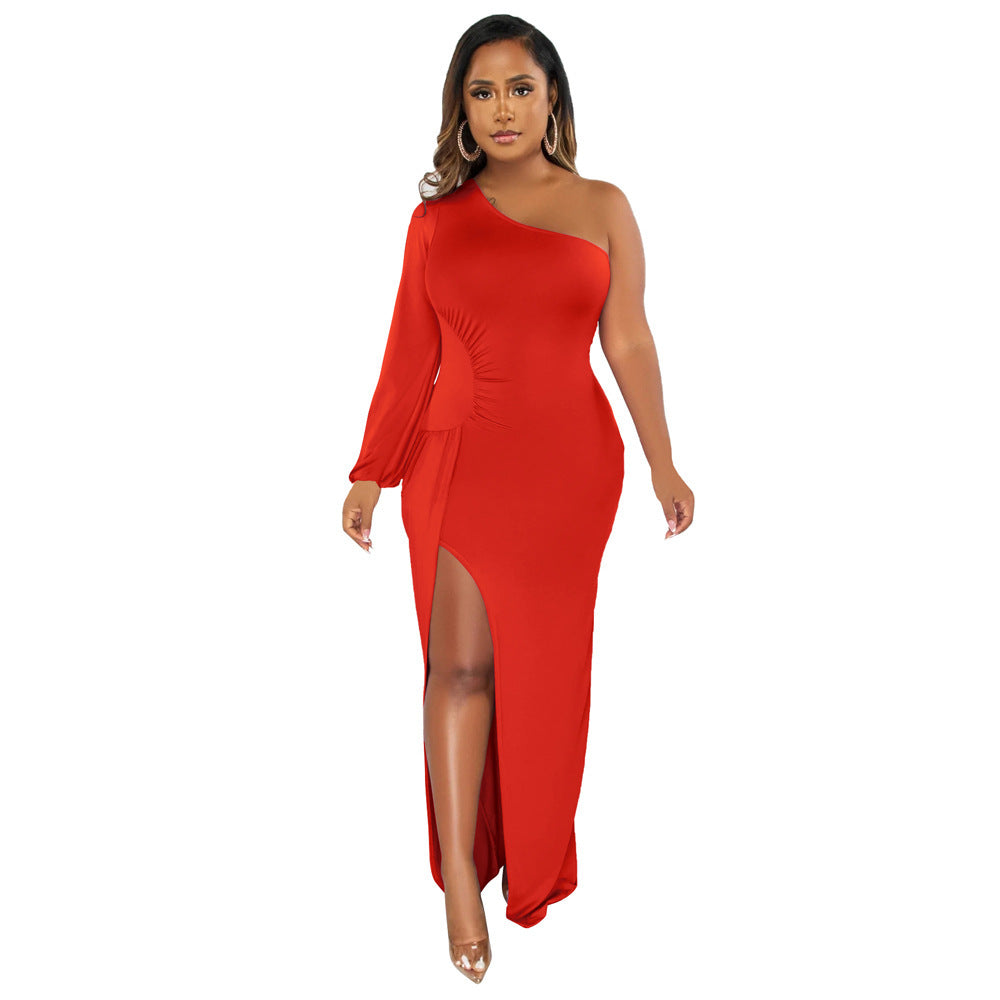 Women's Autumn Oblique Shoulder Lantern Sleeve Solid Color Slim Fit Dress