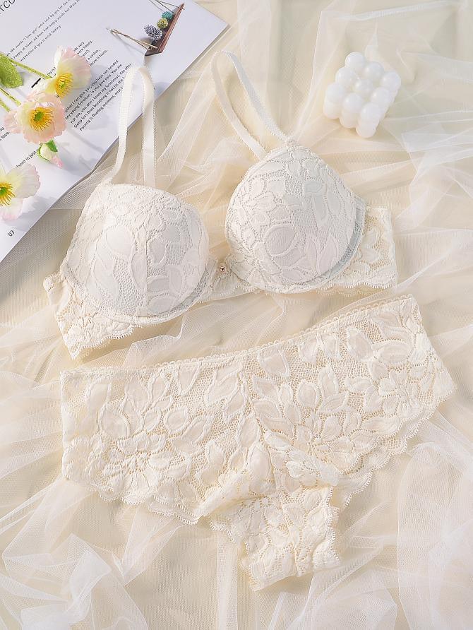 French Casual Steel Ring Lace Bra Panties Set Casual Push Up Fixed Cup Without Deformation