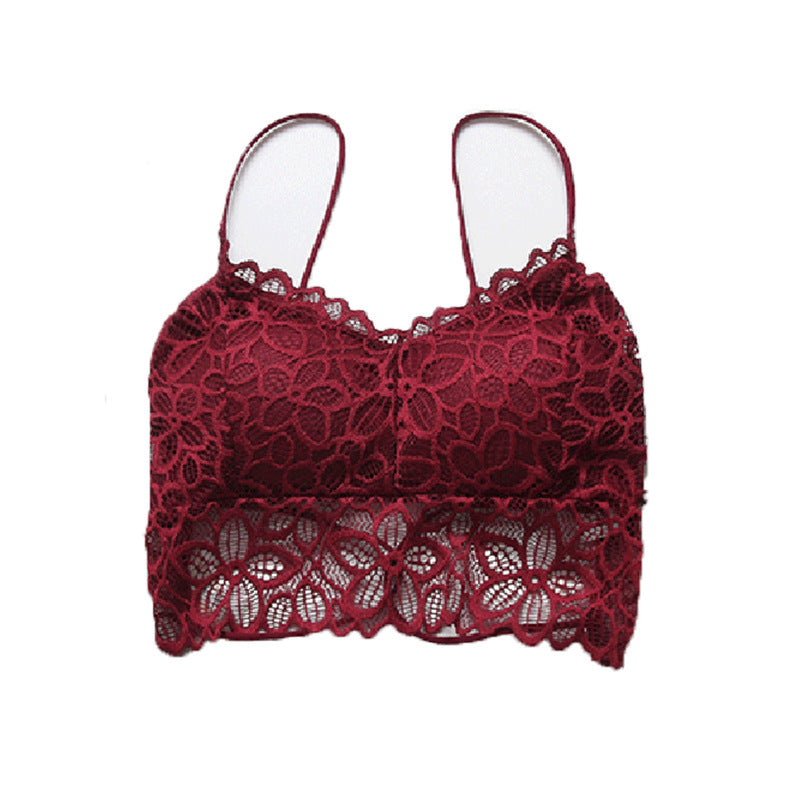 New Back Shaping Thin Cross Straps Hollow-out Sling Net Red Underwear Tube Top Padded Wireless Lace Vest