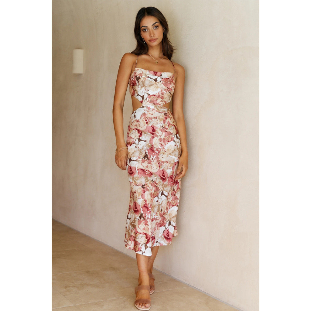 New Small Floral Print Backless Lace-up Sweet Spaghetti-strap Dress