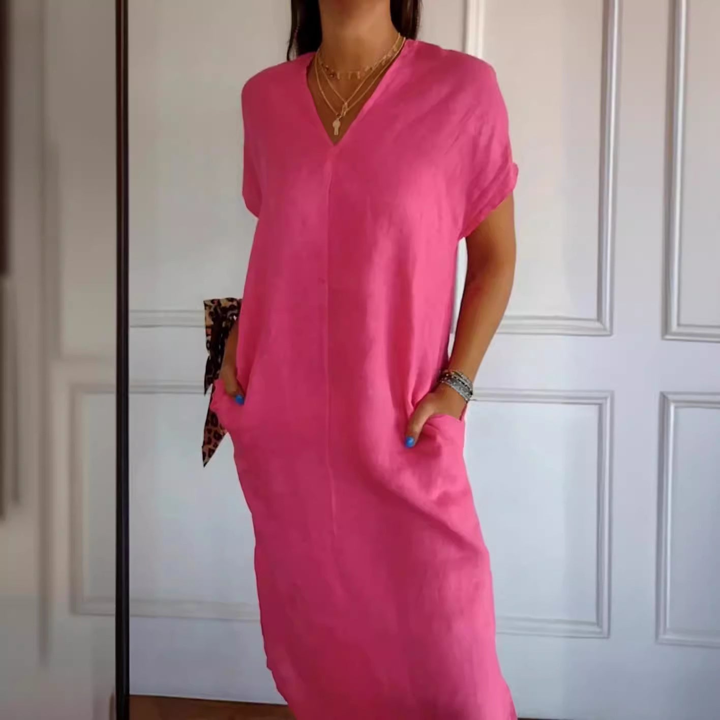 New V-neck Short Sleeve Slit Loose Dress