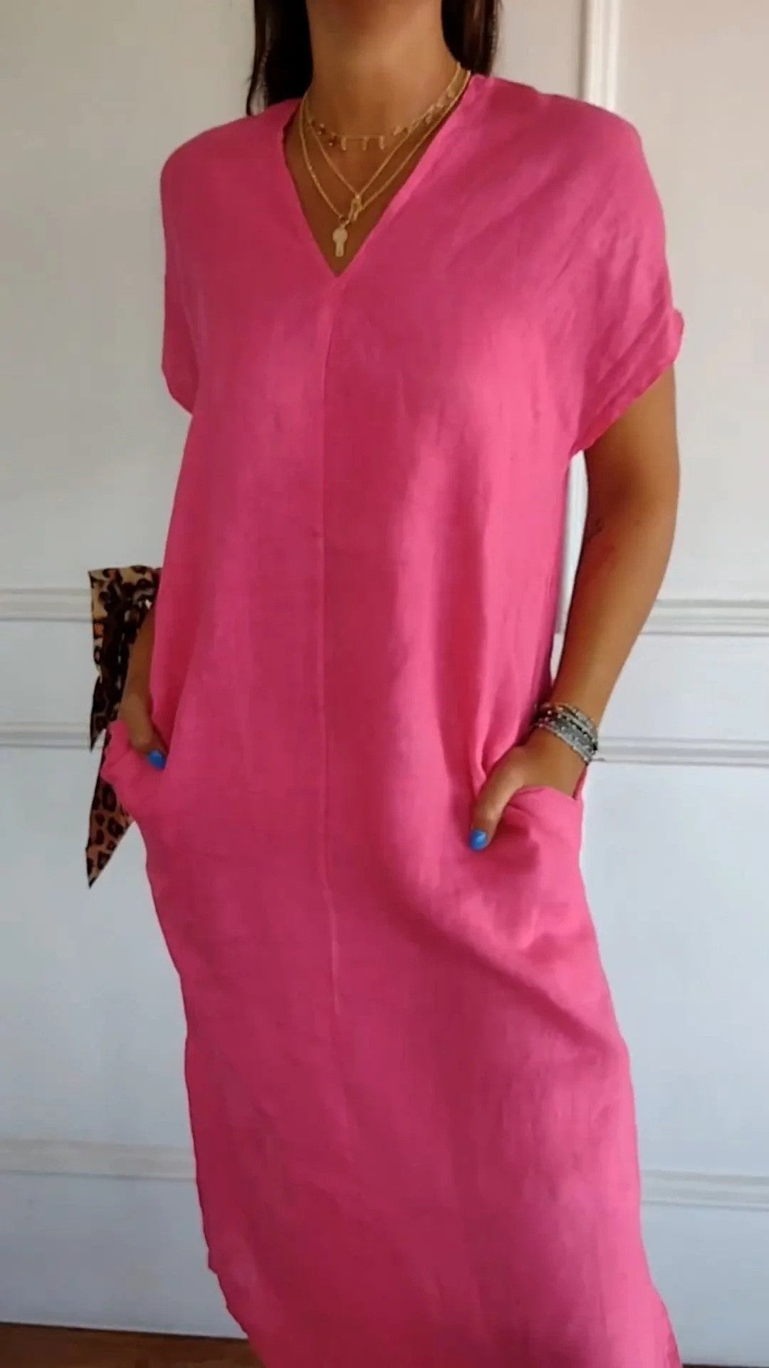 New V-neck Short Sleeve Slit Loose Dress