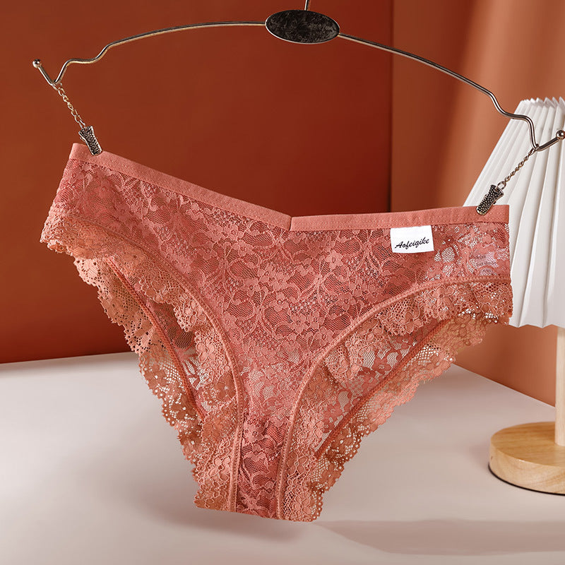 Women's Lace Panties Pure Desire Mid-waist Breathable Traceless Sexy Hollow Mesh Cotton Crotch Briefs