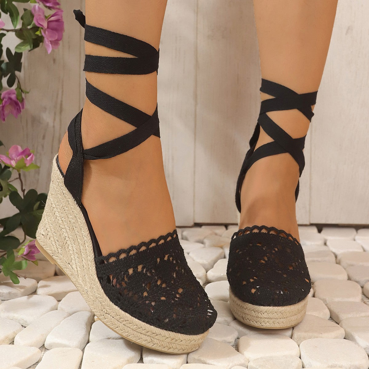 Women's Straw Woven Wedge High Heels Lace Lace-up Sandals