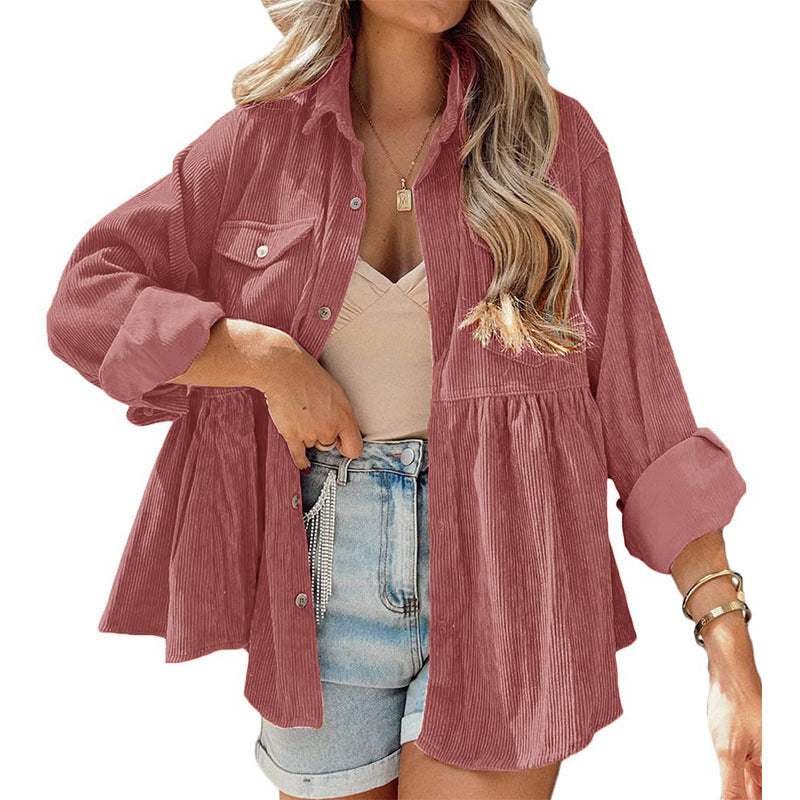 Fashion Corduroy Ruffled Shirt Top For Women