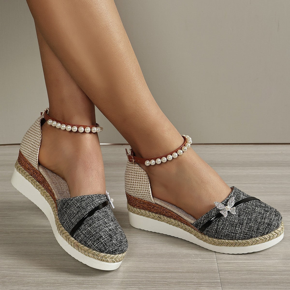 Women's Wedge Bow Sandals Straw Rope Woven