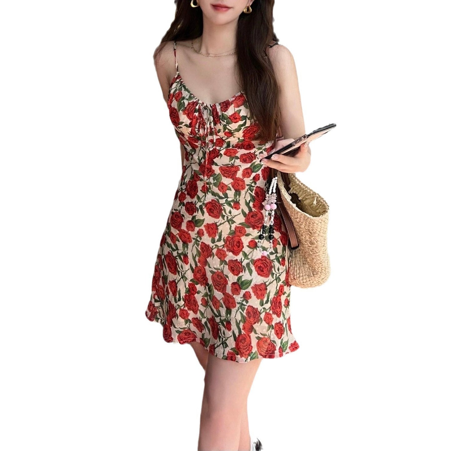 French Retro Rose Floral Strap Beautiful Gentle Slimming Dress