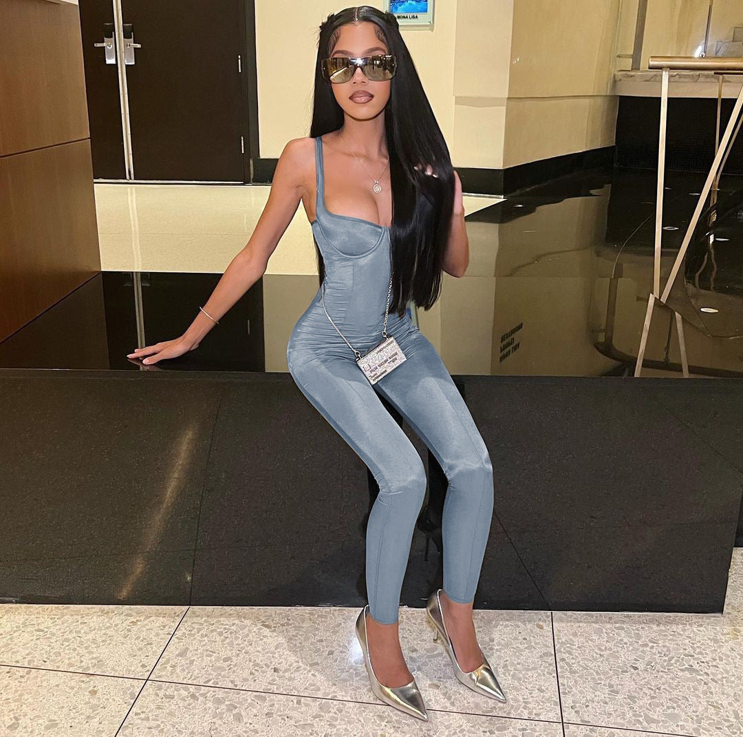 European And American Style Elegant Casual Glossy Jumpsuit For Women