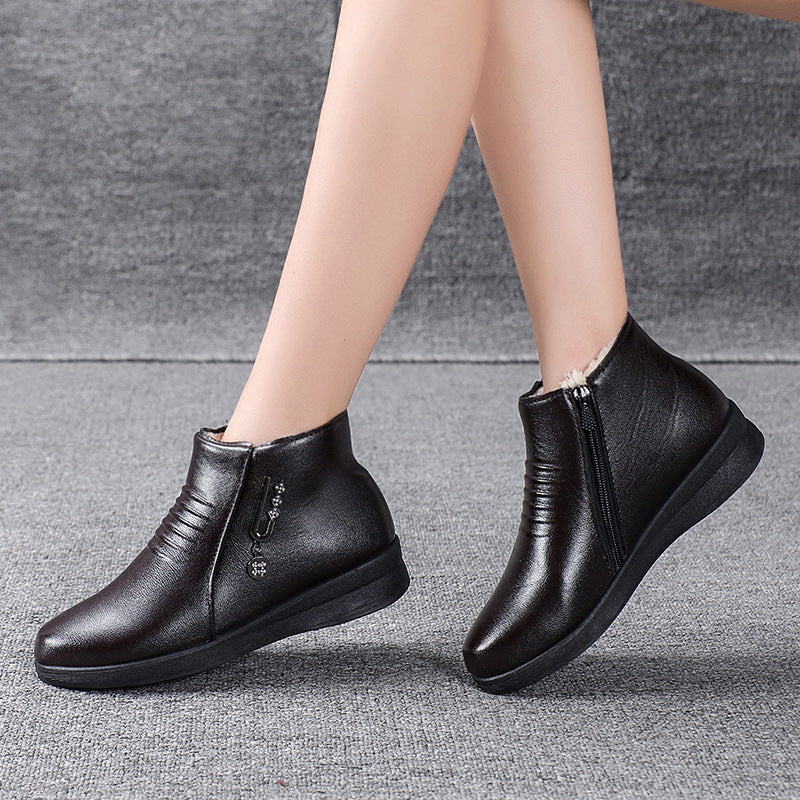 Female Fleece-lined Flat Bottom Middle-aged Cotton-padded Leather Shoes